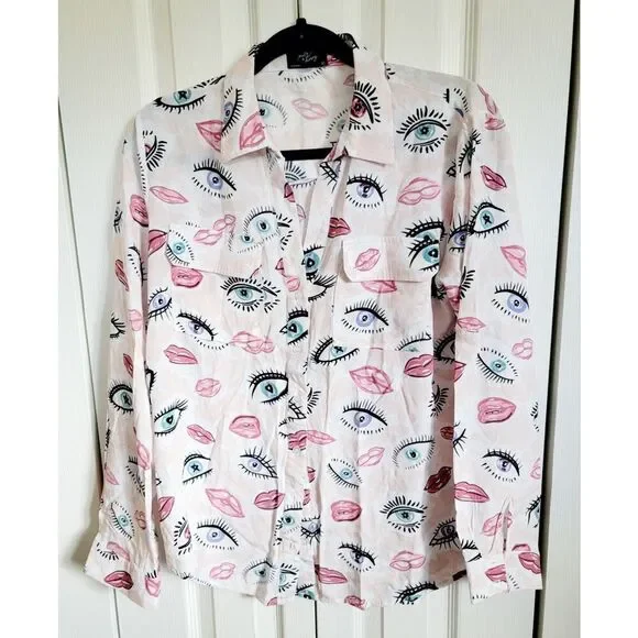 Milk & Honey M Oversz Womens Shirt Top Graphic Print-Button Front Lips Eyes LS - Picture 1 of 7